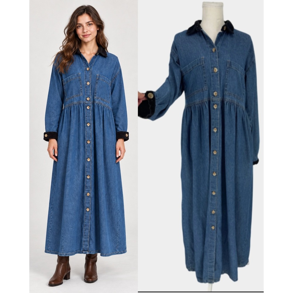 Vtg 90s Match Denim Maxi Dress 8 Cotton Velvet Trim Cottagecore Prairie Western